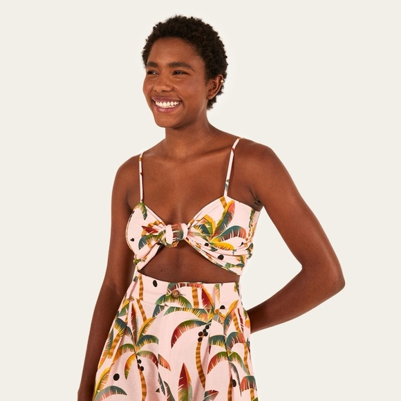 Farm Rio Pink Samba Dos Coqueiros Printed Linen Crop Top Size Medium NWT - Picture 11 of 12